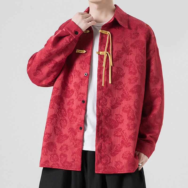 Breathable Leaf-Pattern Frog-Button Slim-Fit Men's Jacket