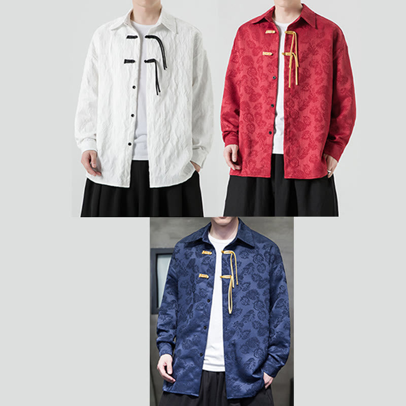 Breathable Leaf-Pattern Frog-Button Slim-Fit Men's Jacket