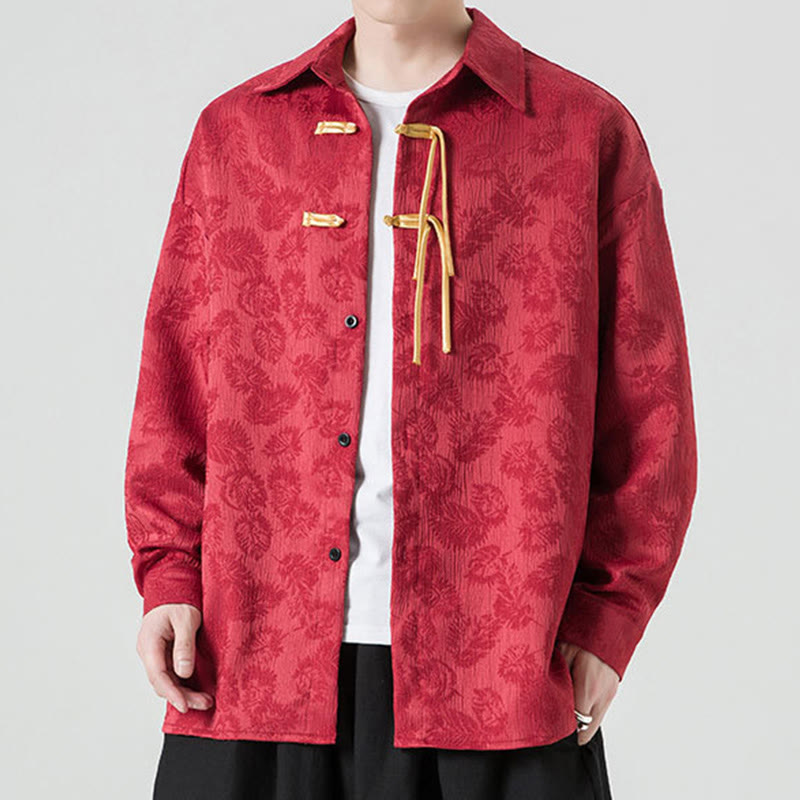 Breathable Leaf-Pattern Frog-Button Slim-Fit Men's Jacket