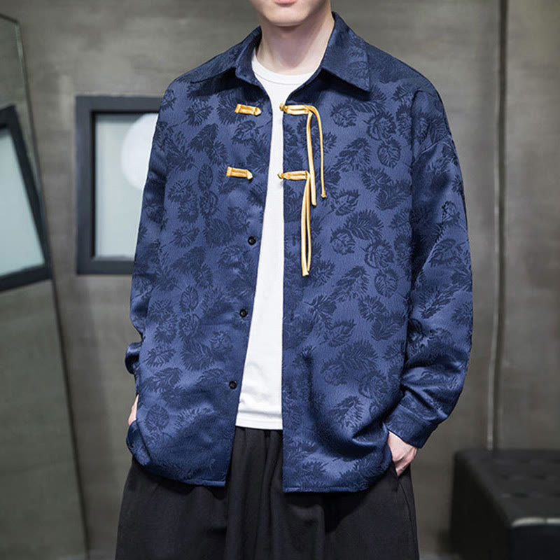 Breathable Leaf-Pattern Frog-Button Slim-Fit Men's Jacket