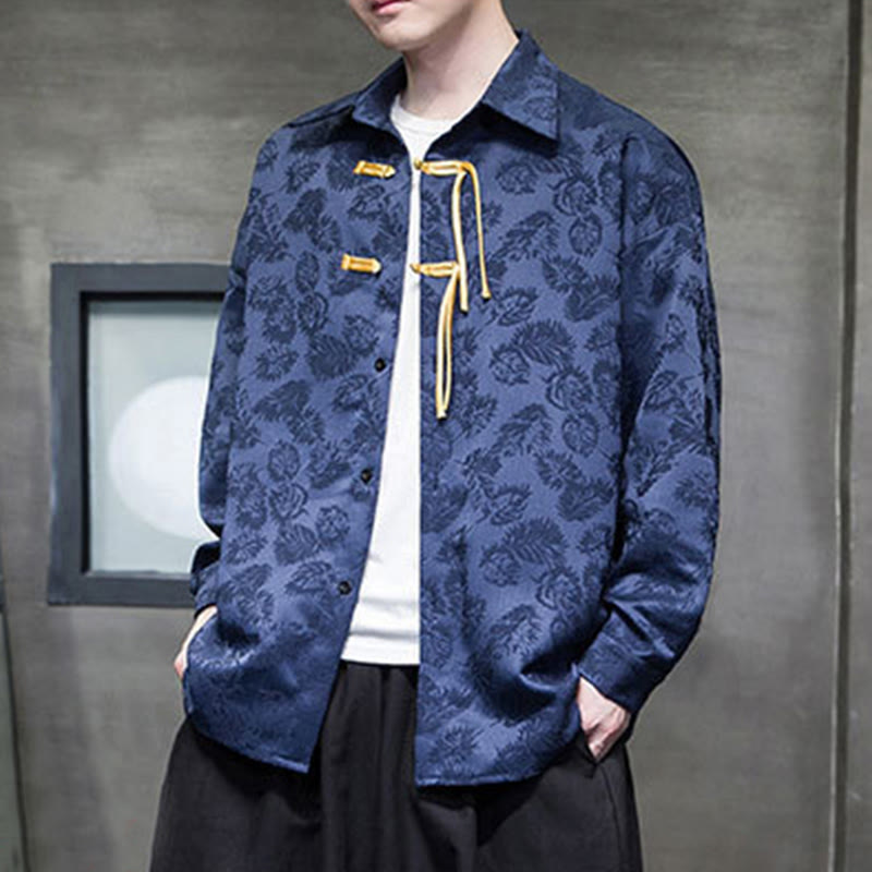 Breathable Leaf-Pattern Frog-Button Slim-Fit Men's Jacket