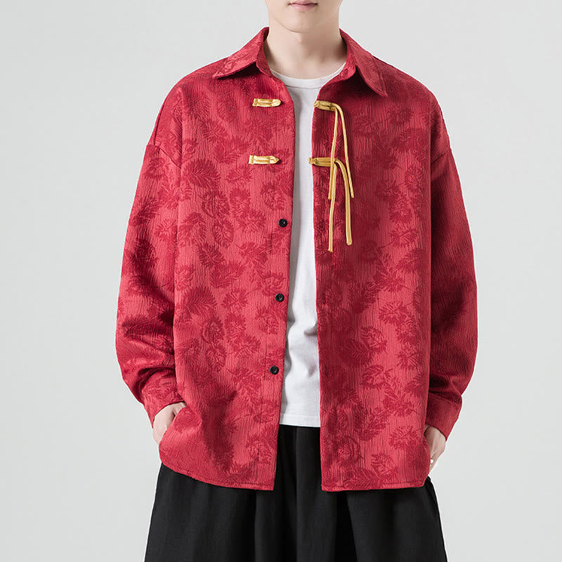 Breathable Leaf-Pattern Frog-Button Slim-Fit Men's Jacket