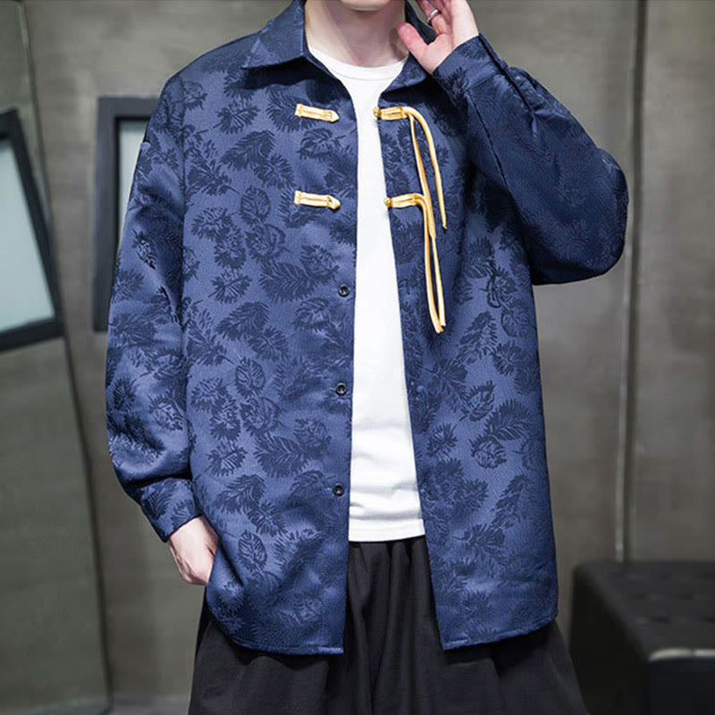 Breathable Leaf-Pattern Frog-Button Slim-Fit Men's Jacket