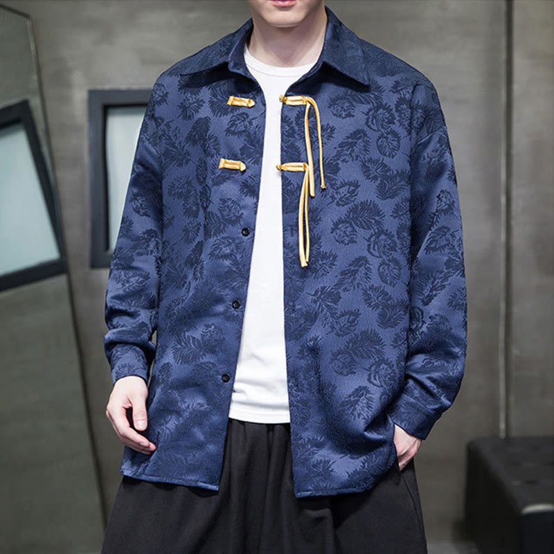 Breathable Leaf-Pattern Frog-Button Slim-Fit Men's Jacket