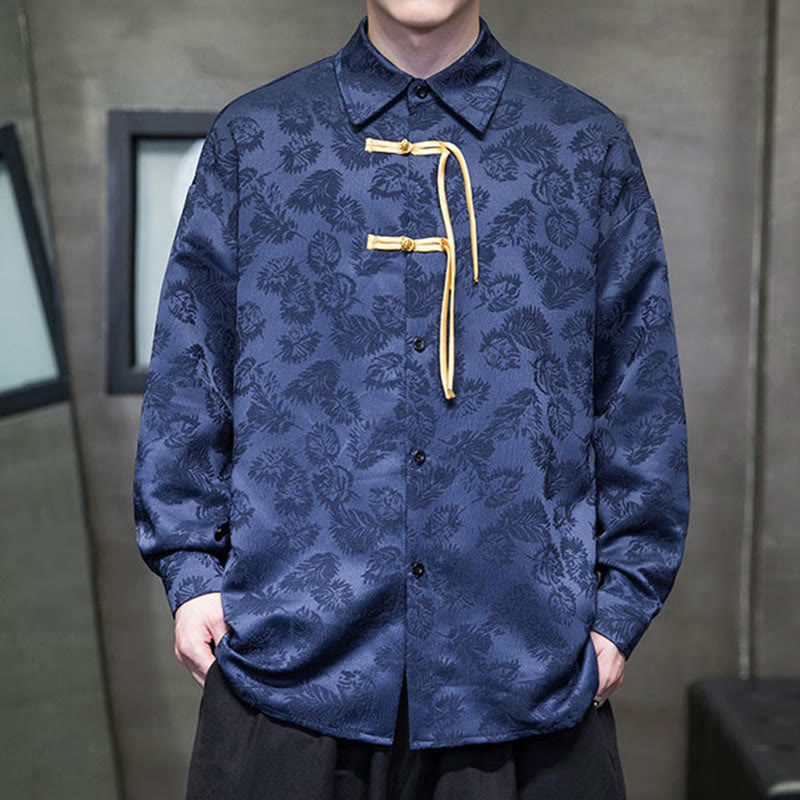 Breathable Leaf-Pattern Frog-Button Slim-Fit Men's Jacket