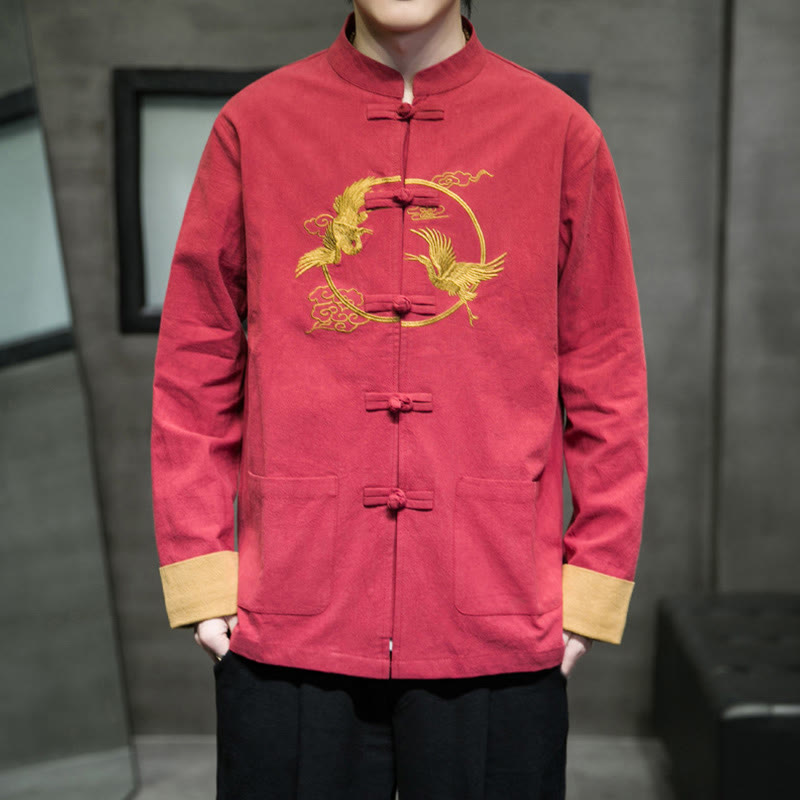Tactile Cotton Crane Embroidered Stand-Collar Mindful Jacket