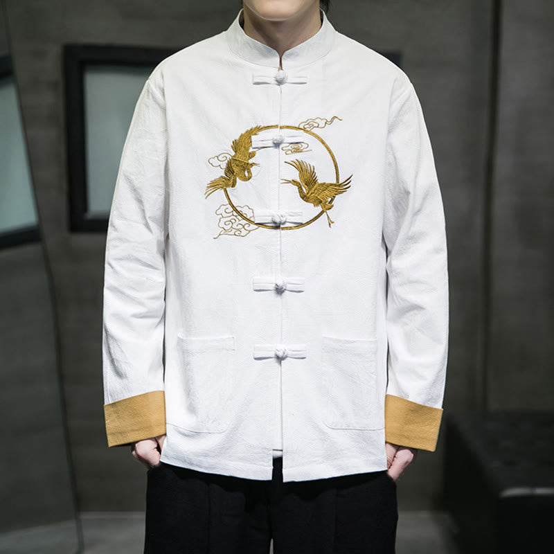 Tactile Cotton Crane Embroidered Stand-Collar Mindful Jacket