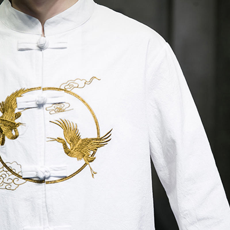 Tactile Cotton Crane Embroidered Stand-Collar Mindful Jacket