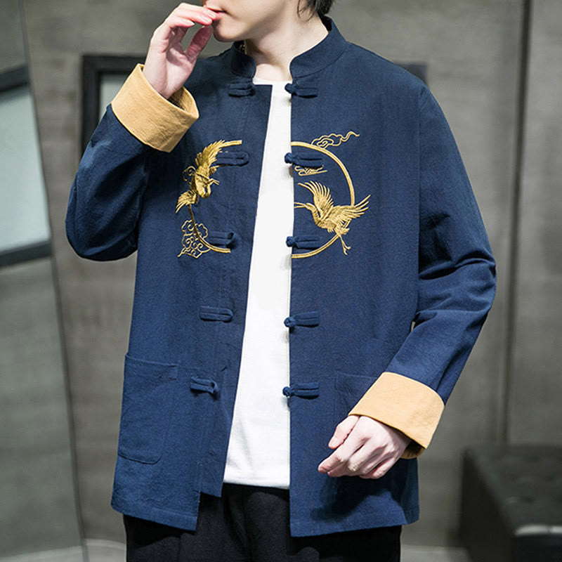 Tactile Cotton Crane Embroidered Stand-Collar Mindful Jacket