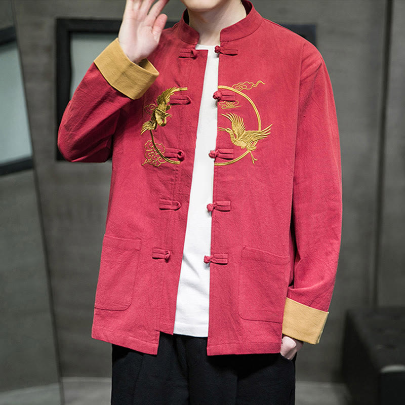Tactile Cotton Crane Embroidered Stand-Collar Mindful Jacket