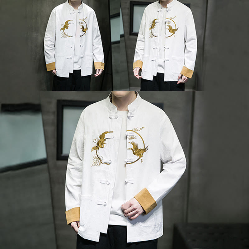 Tactile Cotton Crane Embroidered Stand-Collar Mindful Jacket