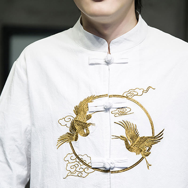 Tactile Cotton Crane Embroidered Stand-Collar Mindful Jacket
