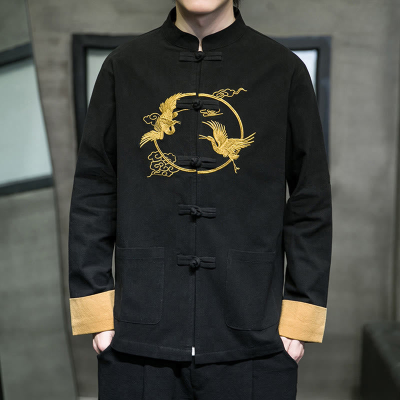 Tactile Cotton Crane Embroidered Stand-Collar Mindful Jacket