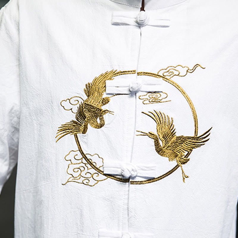 Tactile Cotton Crane Embroidered Stand-Collar Mindful Jacket