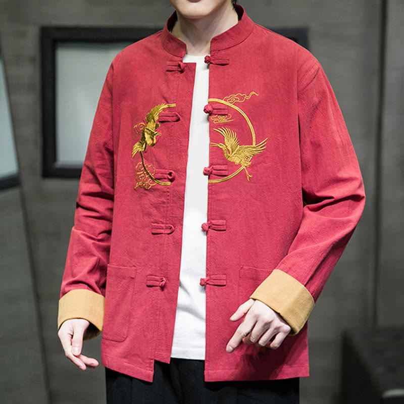 Tactile Cotton Crane Embroidered Stand-Collar Mindful Jacket