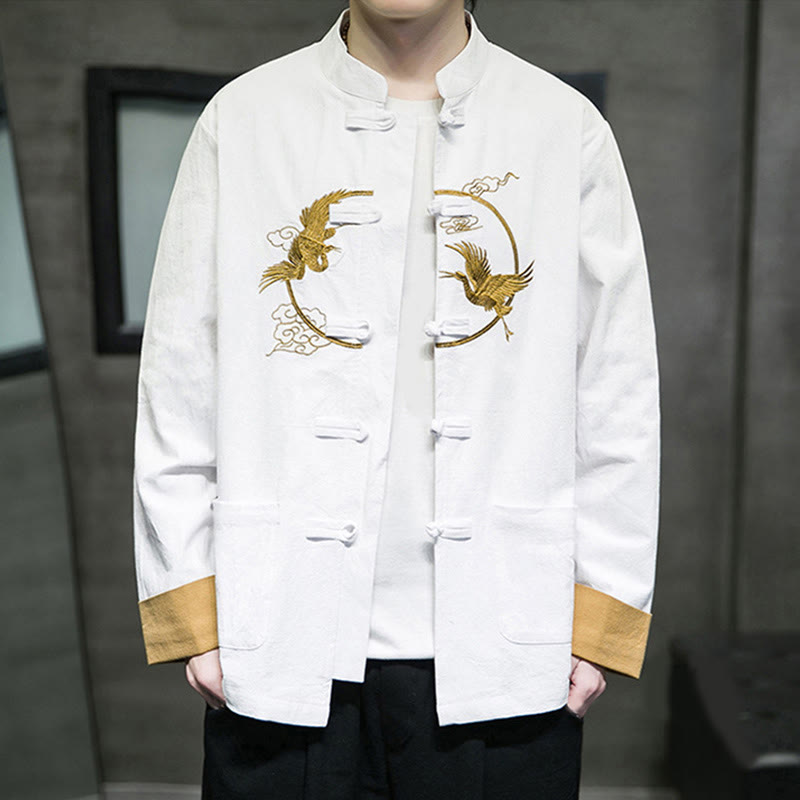 Tactile Cotton Crane Embroidered Stand-Collar Mindful Jacket