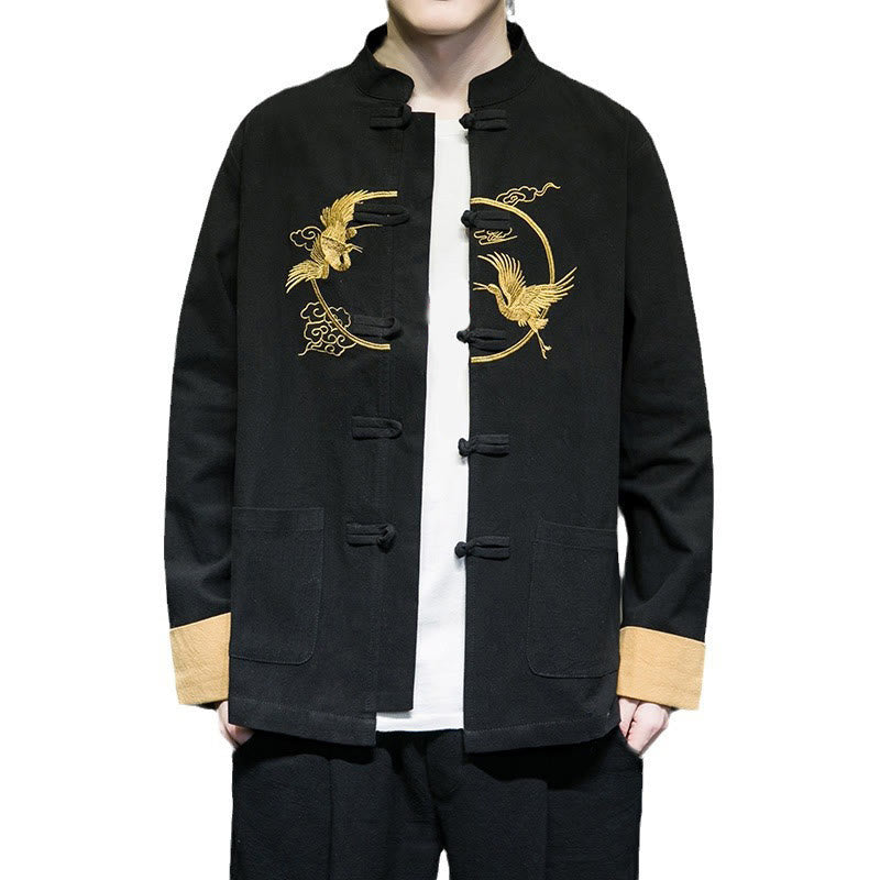 Tactile Cotton Crane Embroidered Stand-Collar Mindful Jacket