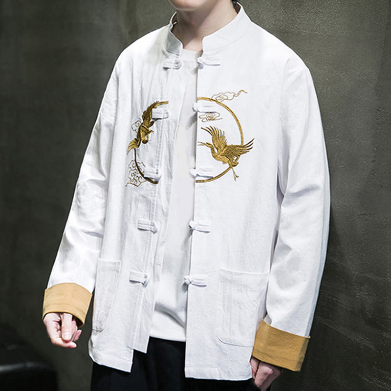 Tactile Cotton Crane Embroidered Stand-Collar Mindful Jacket
