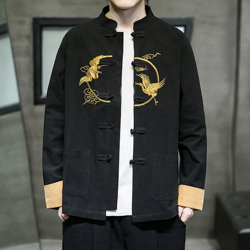 Tactile Cotton Crane Embroidered Stand-Collar Mindful Jacket