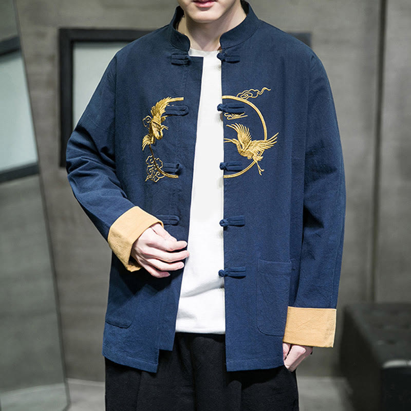 Tactile Cotton Crane Embroidered Stand-Collar Mindful Jacket