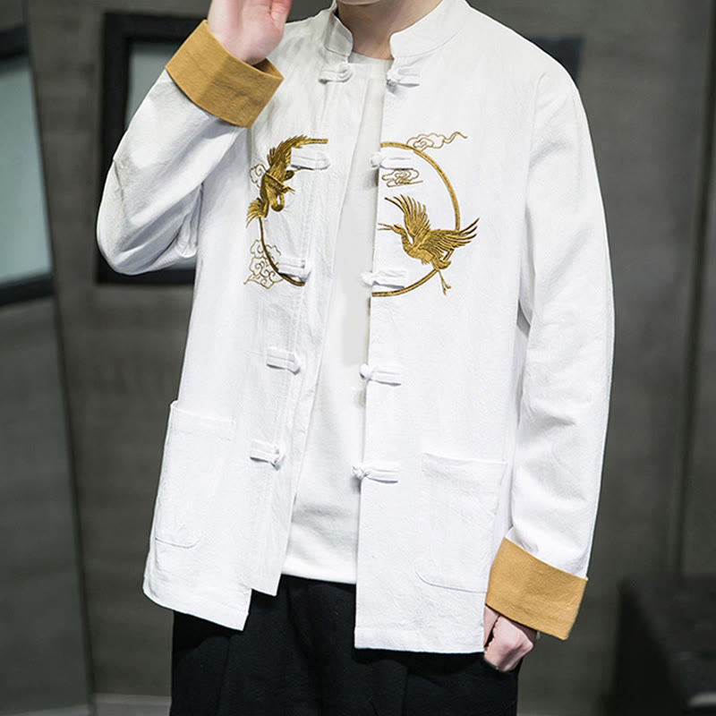 Tactile Cotton Crane Embroidered Stand-Collar Mindful Jacket