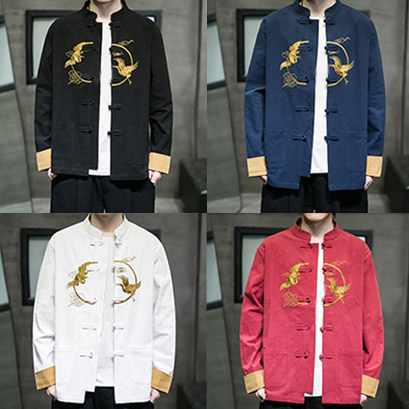 Tactile Cotton Crane Embroidered Stand-Collar Mindful Jacket