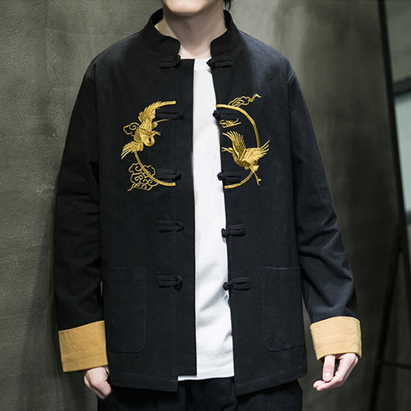 Tactile Cotton Crane Embroidered Stand-Collar Mindful Jacket