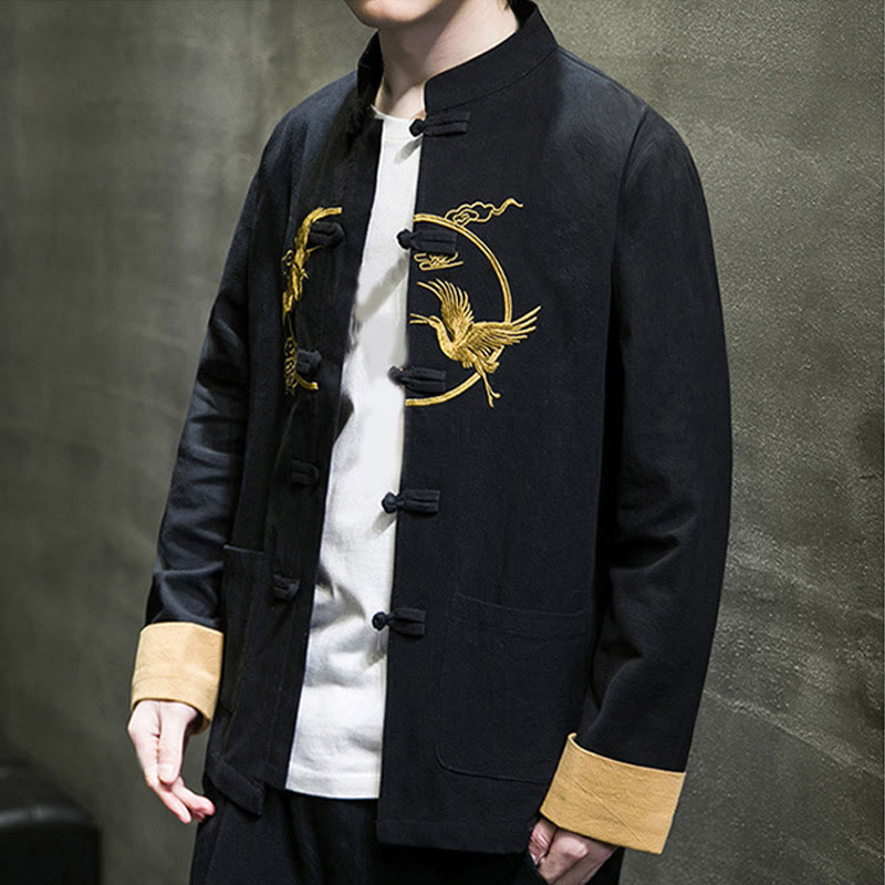 Tactile Cotton Crane Embroidered Stand-Collar Mindful Jacket