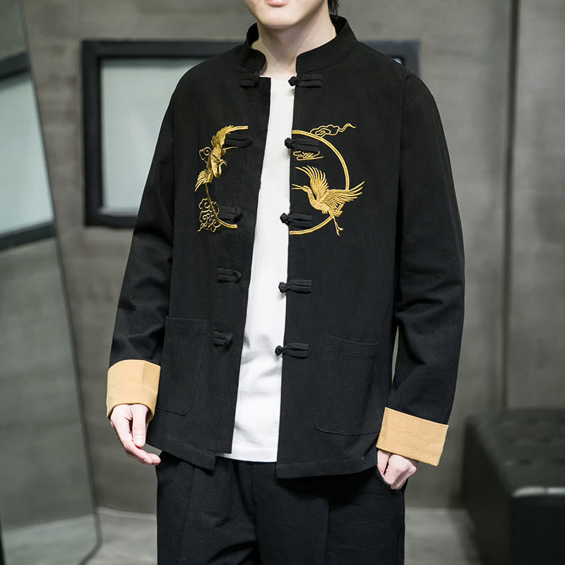 Tactile Cotton Crane Embroidered Stand-Collar Mindful Jacket