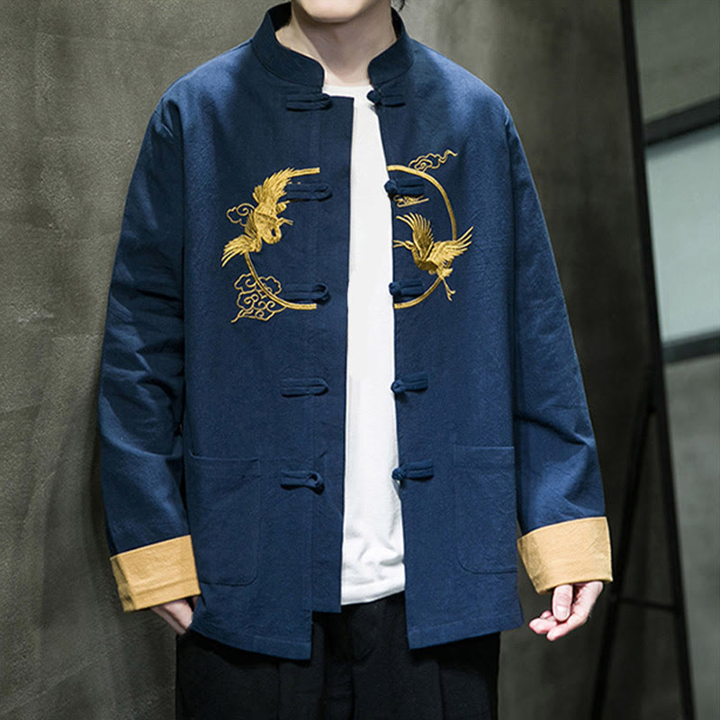 Tactile Cotton Crane Embroidered Stand-Collar Mindful Jacket