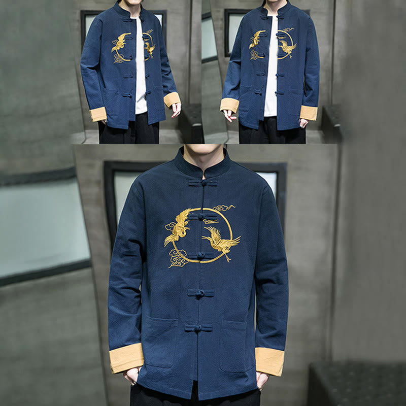 Tactile Cotton Crane Embroidered Stand-Collar Mindful Jacket