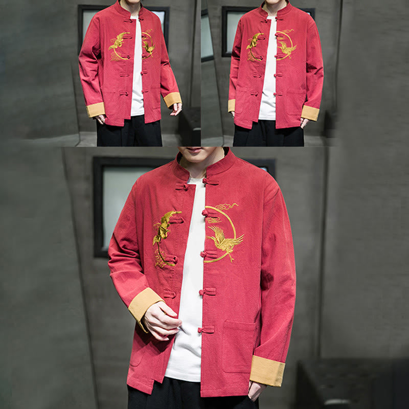 Tactile Cotton Crane Embroidered Stand-Collar Mindful Jacket