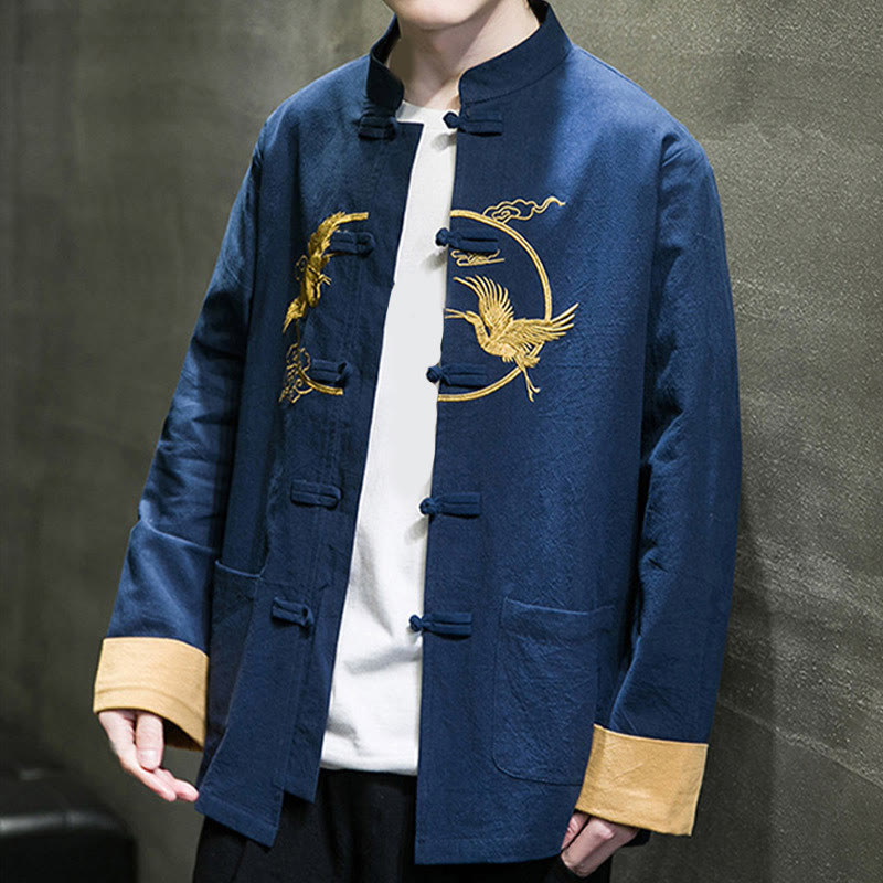 Tactile Cotton Crane Embroidered Stand-Collar Mindful Jacket