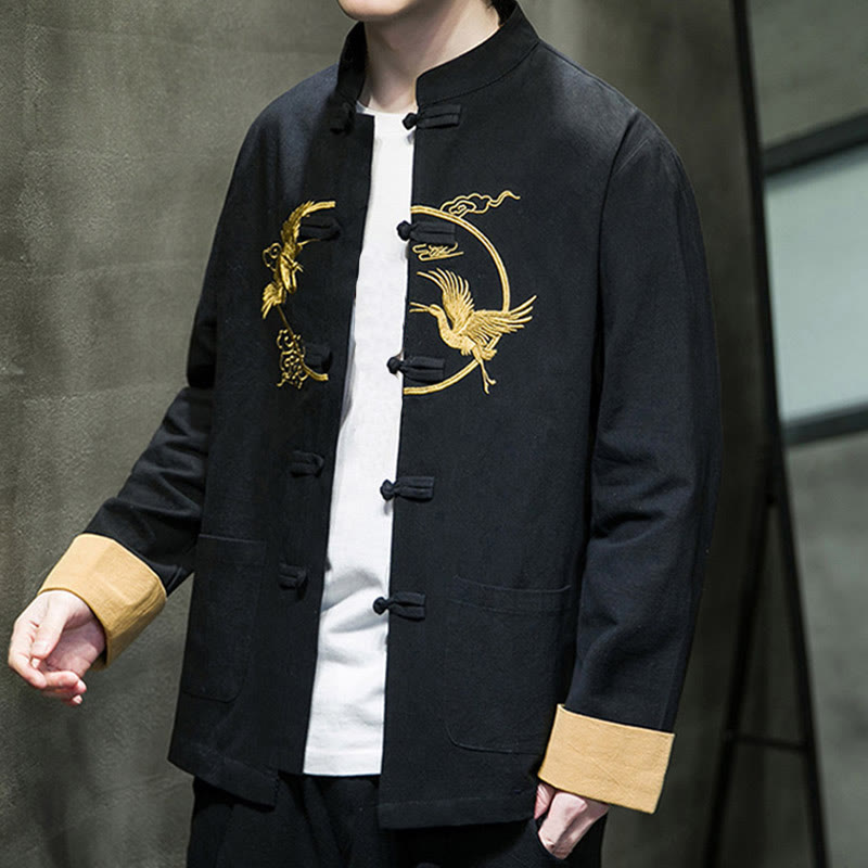 Tactile Cotton Crane Embroidered Stand-Collar Mindful Jacket