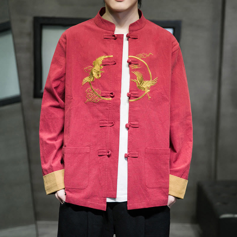 Tactile Cotton Crane Embroidered Stand-Collar Mindful Jacket