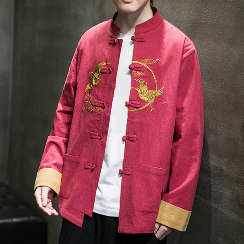 Tactile Cotton Crane Embroidered Stand-Collar Mindful Jacket