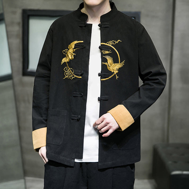 Tactile Cotton Crane Embroidered Stand-Collar Mindful Jacket