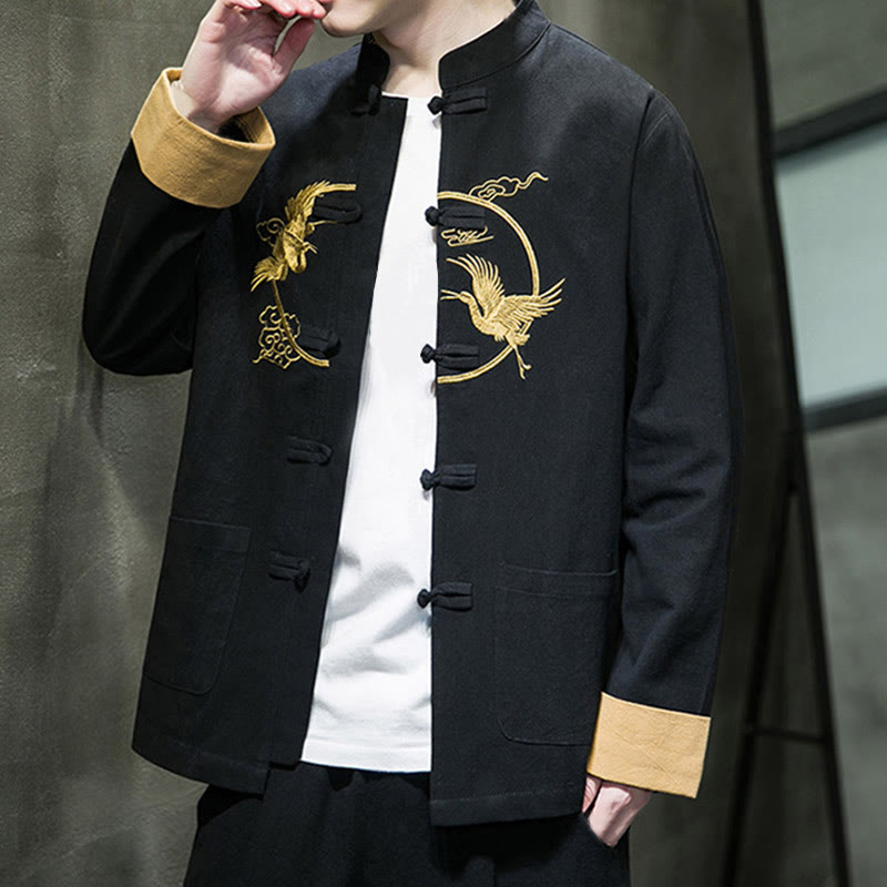 Tactile Cotton Crane Embroidered Stand-Collar Mindful Jacket