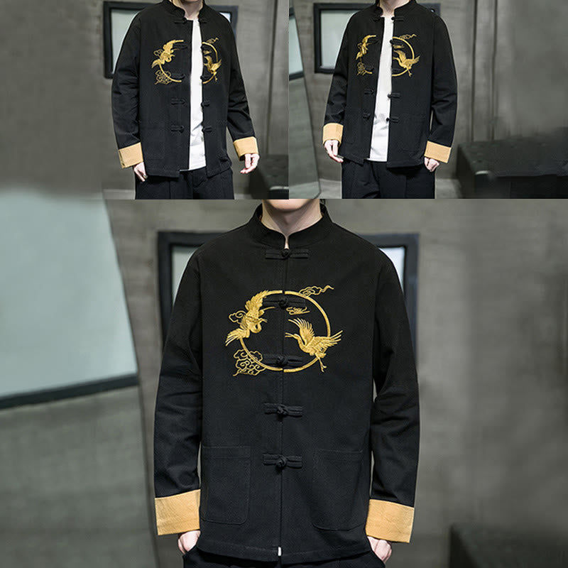 Tactile Cotton Crane Embroidered Stand-Collar Mindful Jacket