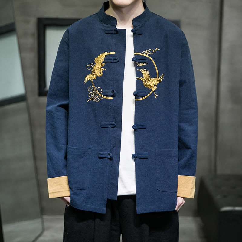 Tactile Cotton Crane Embroidered Stand-Collar Mindful Jacket