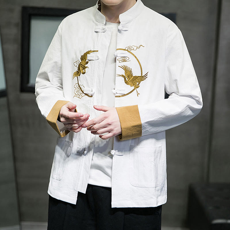 Tactile Cotton Crane Embroidered Stand-Collar Mindful Jacket