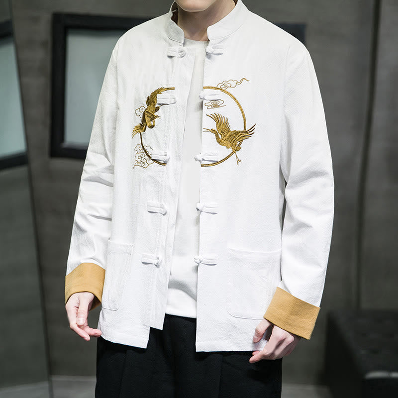 Tactile Cotton Crane Embroidered Stand-Collar Mindful Jacket