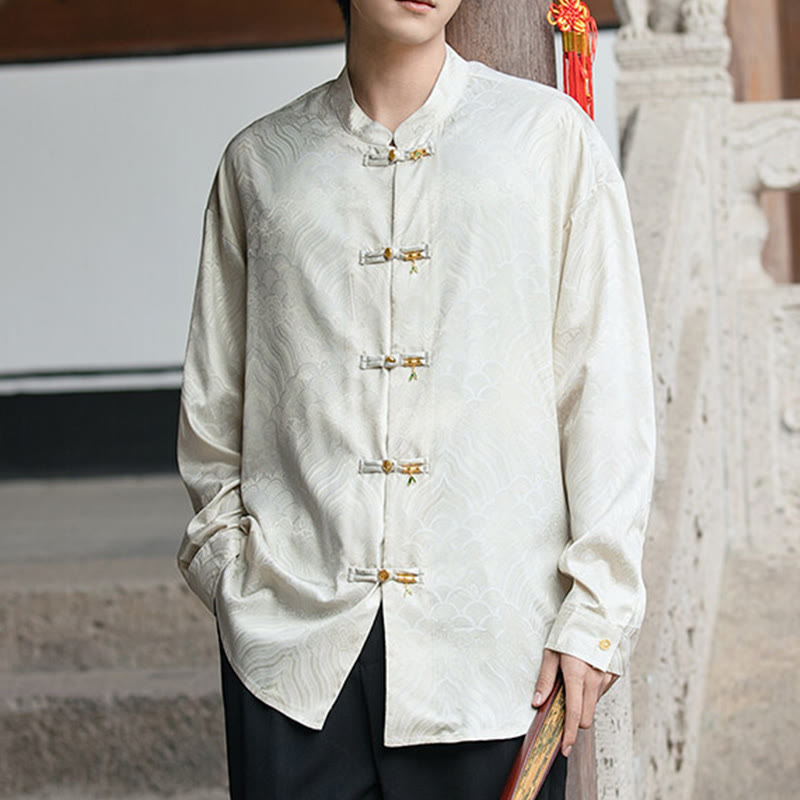 Structured Stand-Collar Frog-Button Mindful Meditation Men's Shirt