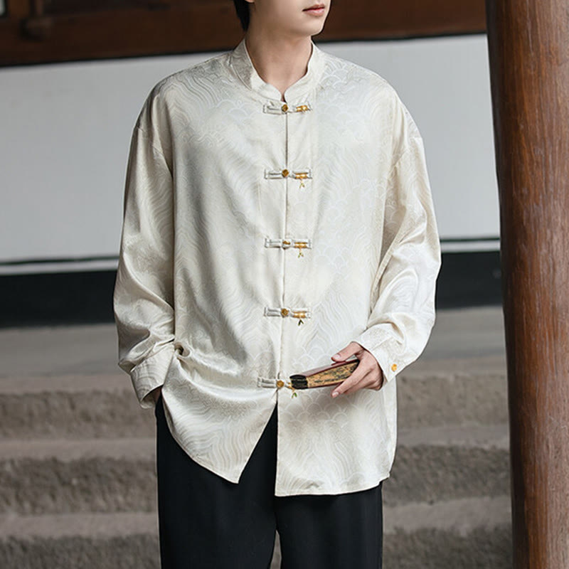 Structured Stand-Collar Frog-Button Mindful Meditation Men's Shirt