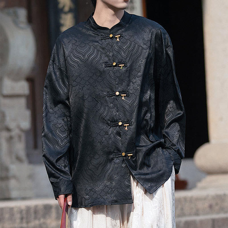 Structured Stand-Collar Frog-Button Mindful Meditation Men's Shirt