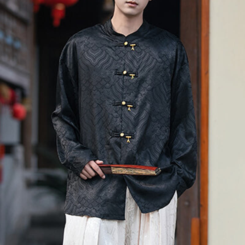Structured Stand-Collar Frog-Button Mindful Meditation Men's Shirt