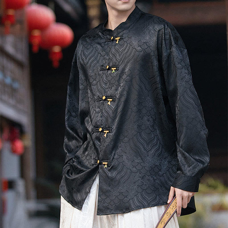 Structured Stand-Collar Frog-Button Mindful Meditation Men's Shirt