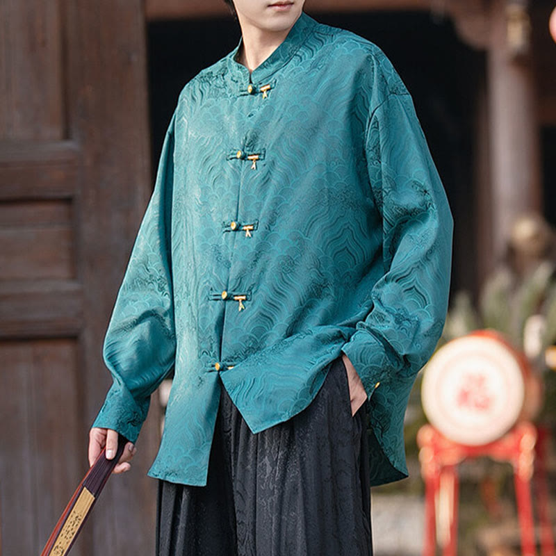 Structured Stand-Collar Frog-Button Mindful Meditation Men's Shirt