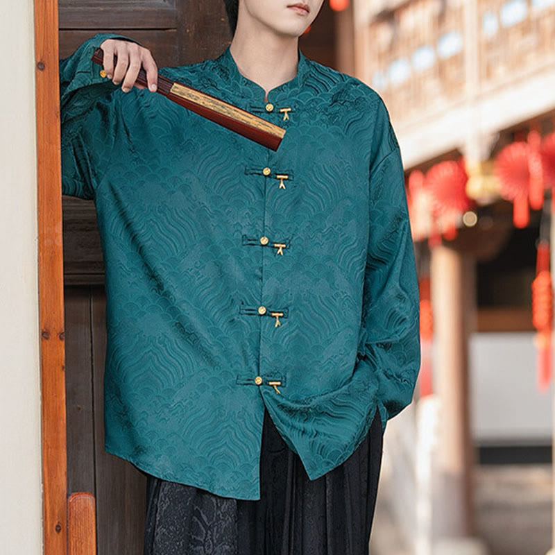 Structured Stand-Collar Frog-Button Mindful Meditation Men's Shirt