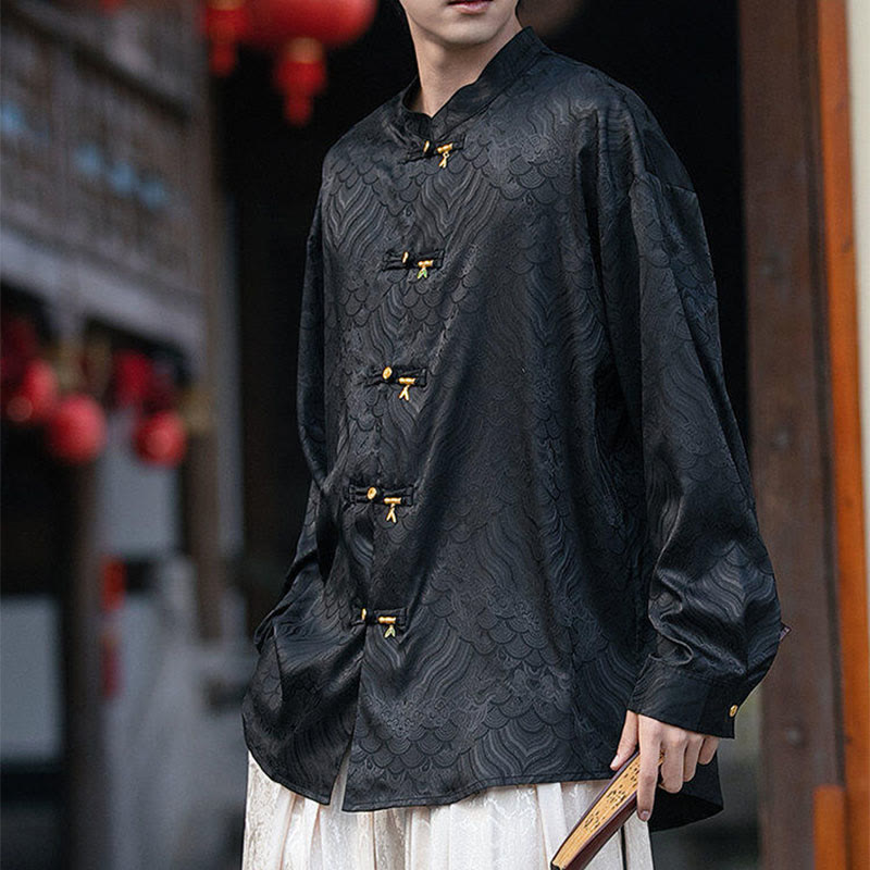 Structured Stand-Collar Frog-Button Mindful Meditation Men's Shirt